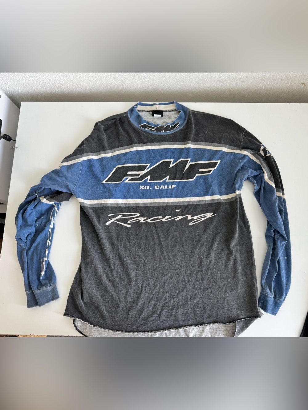 Vintage 90s FMF Racing Motocross Jersey Long Sleeve Shirt Grey/Blue L